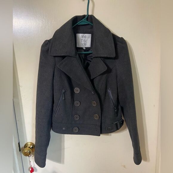 See Thru Soul Gray Peacoat Cropped Medium - Picture 1 of 7